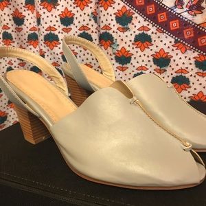 Gray open toed heeled sling back sandals